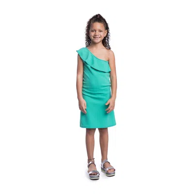 24seven Comfort Apparel 24sevenkid Girls Solid Color One Shoulder Ruffle Knee Length Dress In Blue