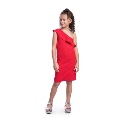 24seven Comfort Apparel 24sevenkid Girls Solid Color One Shoulder Ruffle Knee Length Dress In Red