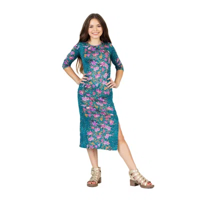 24seven Comfort Apparel 24sevenkid Girls Teal Animal Print Side Slit Maxi Dress In Multi