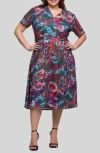 24seven Comfort Apparel Plus Size Print Short Sleeve Tie Waist Midi Dress In Pink Multi