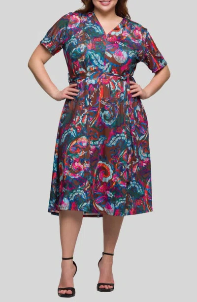 24SEVEN COMFORT APPAREL 24SEVEN COMFORT APPAREL ABSTRACT FLORAL TIE WAIST KNIT MIDI DRESS