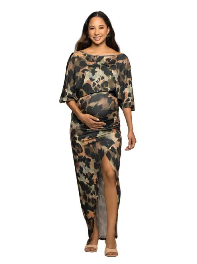 24seven Comfort Apparel Abstract Print Batwing Sleeve Maxi Dress With Slit In Multi