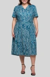 24seven Comfort Apparel Plus Size Print Short Sleeve Tie Waist Midi Dress In Blue Multi