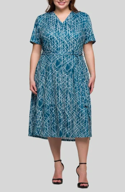 24SEVEN COMFORT APPAREL 24SEVEN COMFORT APPAREL ABSTRACT PRINT TIE WAIST KNIT MIDI DRESS