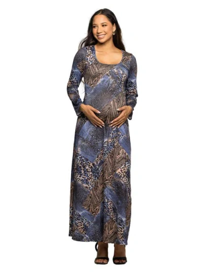 24seven Comfort Apparel Animal Print Long Sleeve Scoop Neck Maxi Dress In Blue