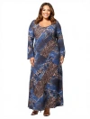 24seven Comfort Apparel Animal Print Long Sleeve Scoop Neck Maxi Dress In Blue