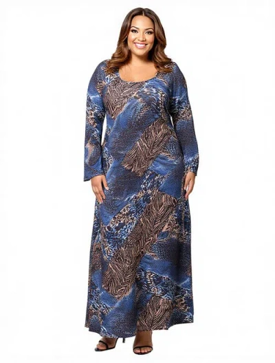 24seven Comfort Apparel Animal Print Long Sleeve Scoop Neck Maxi Dress In Blue