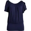 24seven Comfort Apparel Solid Color Short Sleeve Split Shoulder Top In Navy
