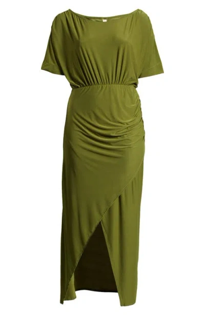 24seven Comfort Apparel Batwing Sleeve Front Slit Jersey Dress In Avocado