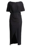 24seven Comfort Apparel Boat Neck Batwing Sleeve Slit Maxi Dress In Black