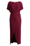 24seven Comfort Apparel Batwing Sleeve Front Slit Jersey Dress In Burgundy