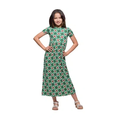 24seven Comfort Apparel Big Kid Girls Short Sleeve Floral Maxi Dress In Green