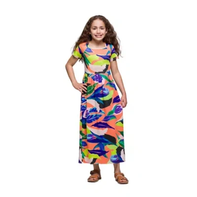 24seven Comfort Apparel Big Kid Girls Short Sleeve Floral Maxi Dress In Multi