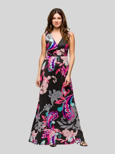 24seven Comfort Apparel Black And Pink Print V-neck Empire Waist Sleeveless Maxi Dress In Multi