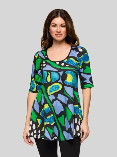 24seven Comfort Apparel Blue Butterfly Print Elbow Sleeve Casual Tunic Top In Multi