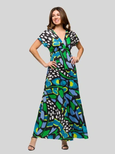 24seven Comfort Apparel Blue Butterfly Print V Neck Empire Waist Cap Sleeve Maxi Dress In Multi
