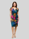 24seven Comfort Apparel Plus Size Knee Length Short Sleeve Faux Wrap Dress In Multi