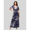 24seven Comfort Apparel Maternity Blue Floral Print Elbow Sleeve Casual A-line Maxi Dress In Multi