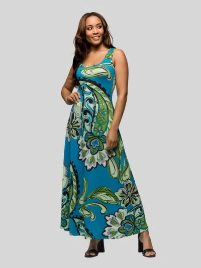 24SEVEN COMFORT APPAREL 24SEVEN COMFORT APPAREL BLUE PAISLEY PRINT SCOOP NECK A-LINE SLEEVELESS MAXI DRESS