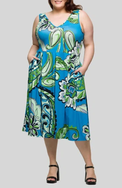 24SEVEN COMFORT APPAREL 24SEVEN COMFORT APPAREL BLUE PAISLEY V-NECK FIT & FLARE DRESS