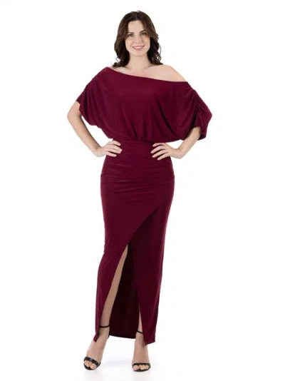 24seven Comfort Apparel Boat Neck Batwing Sleeve Slit Maxi Dress In Burgundy