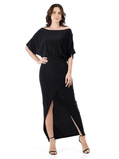 24seven Comfort Apparel Boat Neck Batwing Sleeve Slit Maxi Dress In Black