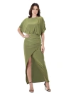 24seven Comfort Apparel Boat Neck Batwing Sleeve Slit Maxi Dress In Green