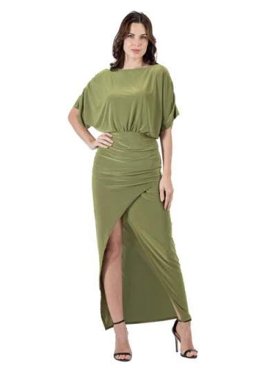 24seven Comfort Apparel Boat Neck Batwing Sleeve Slit Maxi Dress In Green