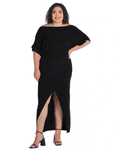 24seven Comfort Apparel Plus Size Boat Neck Batwing Sleeve Front Slit Faux Wrap Maxi Dress In Black