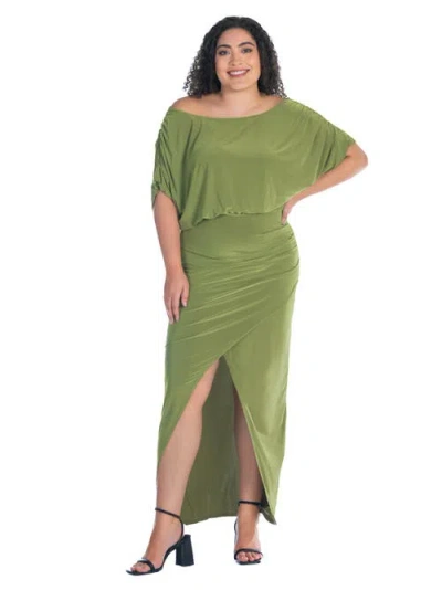 24seven Comfort Apparel Plus Size Boat Neck Batwing Sleeve Front Slit Faux Wrap Maxi Dress In Green