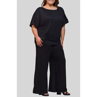 24seven Comfort Apparel Boat Neck Top & Wide Leg Pants Set In Black