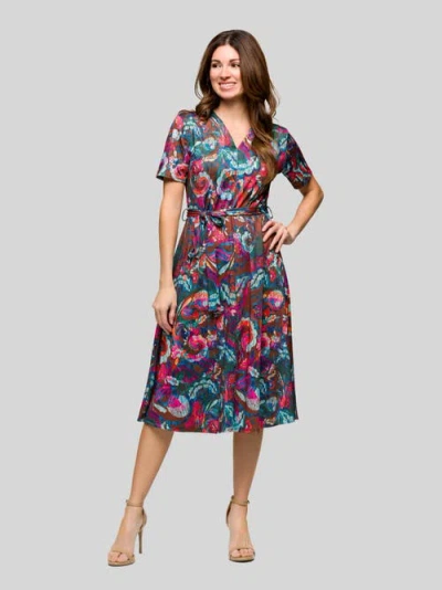 24seven Comfort Apparel Brown And Pink Print Short Sleeve Tie Waist Midi Dress In Multi