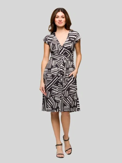 24seven Comfort Apparel Cap Sleeve Black And White V-neck Knee Length Pocket Dress