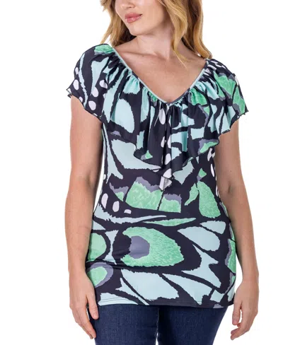 24seven Comfort Apparel Cap Sleeve Print Ruffle V Neck Top In Miscellane