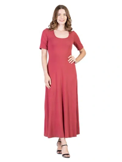 24seven Comfort Apparel Casual Maxi Dress With Sleeves In Red