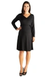 24seven Comfort Apparel Chic V-neck Long Sleeve Belted Maternity Dress In Black
