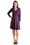 24seven Comfort Apparel Chic V-neck Long Sleeve Belted Maternity Dress In Purple