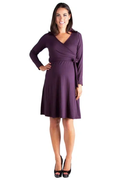 24seven Comfort Apparel Chic V-neck Long Sleeve Belted Maternity Dress In Purple