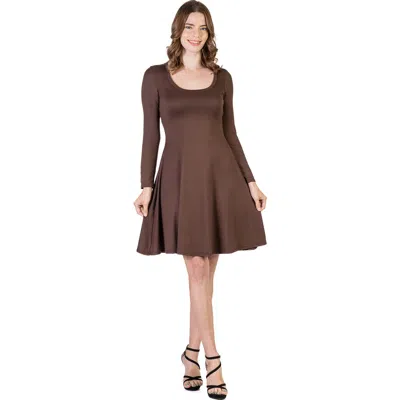 24seven Comfort Apparel Classic Long Sleeve Flared Mini Dress In Brown