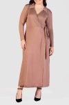 24seven Comfort Apparel Plus Size Collared Wrap Maxi Dress In Mocha