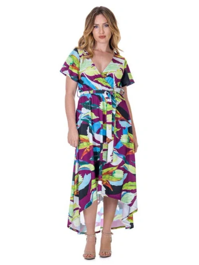 24seven Comfort Apparel Colorful Floral V-neck Belted High Low Faux Wrap Dress In Gray