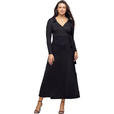 24seven Comfort Apparel Comfortable Collared Wrap Maxi Dress In Black