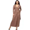 24seven Comfort Apparel Comfortable Collared Wrap Maxi Dress In Brown
