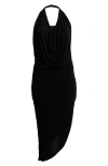 24seven Comfort Apparel Plus Size Cowl Neck Long Asymmetrical Backless Halter Dress In Black