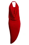 24seven Comfort Apparel Cowl Neck Asymmetric Hem Stretch Dress In Red