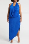 24seven Comfort Apparel Cowl Neck Asymmetric Hem Stretch Dress In Blue