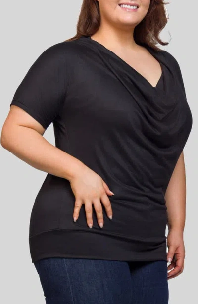 24seven Comfort Apparel Cowl Neck Short Sleeve Top With Banded Bottom In Black