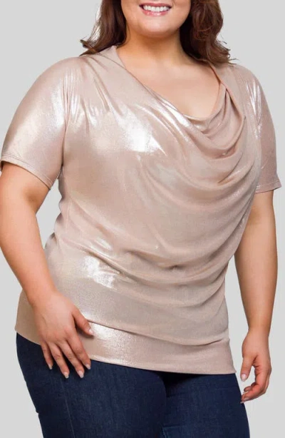 24seven Comfort Apparel Cowl Neck Short Sleeve Top With Banded Bottom In Brown