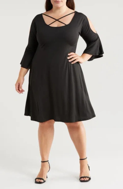 24seven Comfort Apparel Crisscross Scoop Neck Cold Shoulder Dress In Black