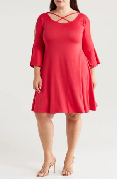 24seven Comfort Apparel Crisscross Scoop Neck Cold Shoulder Dress In Red